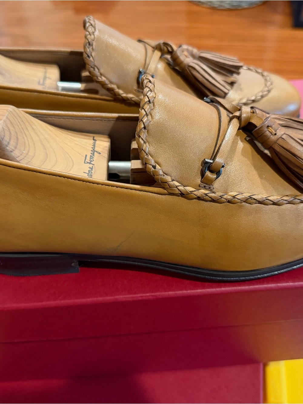 Salvatore Ferragamo Cognac Leather Braided Tassel Loafers